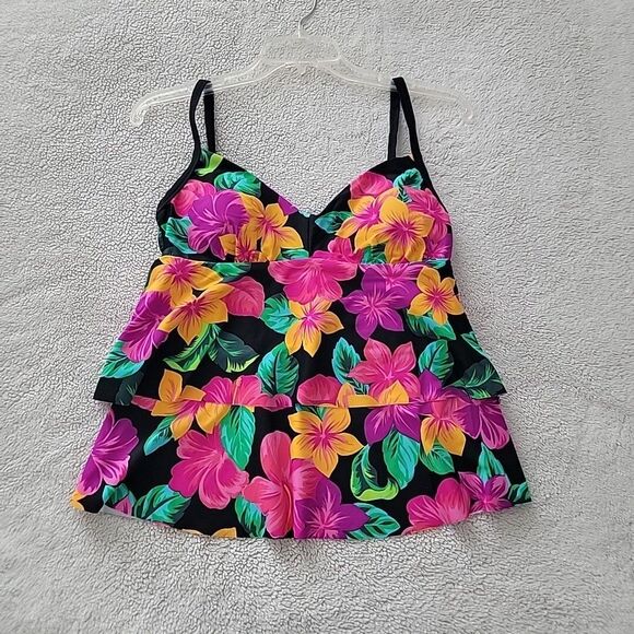 Beach Diva Tankini Swimsuit Ruffle Top ~ Sz 10 ~ Black ~ Floral - Picture 2 of 6